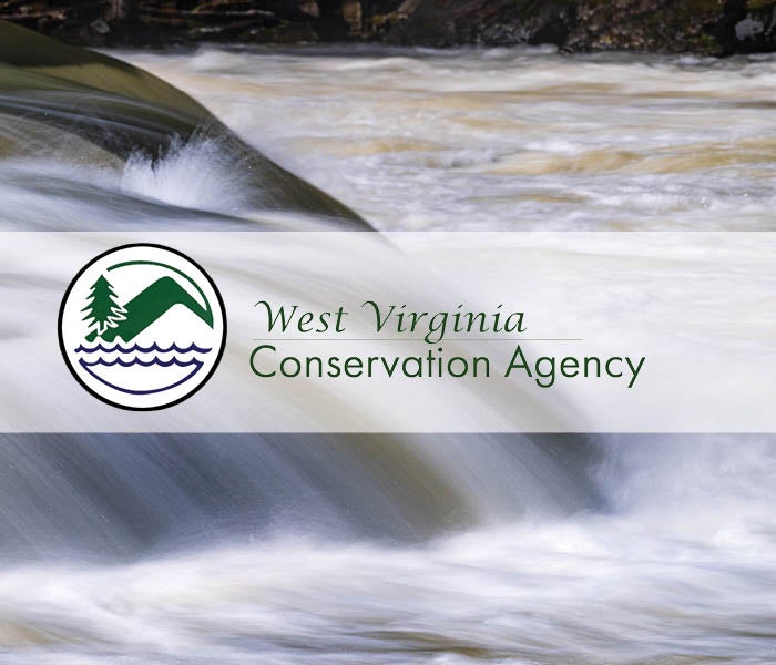 West Virginia Conservation Agency logo over waterfall