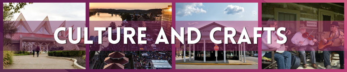 collage of tamarak, outdoor concert, building, and people playing music with text: Culture and Crafts