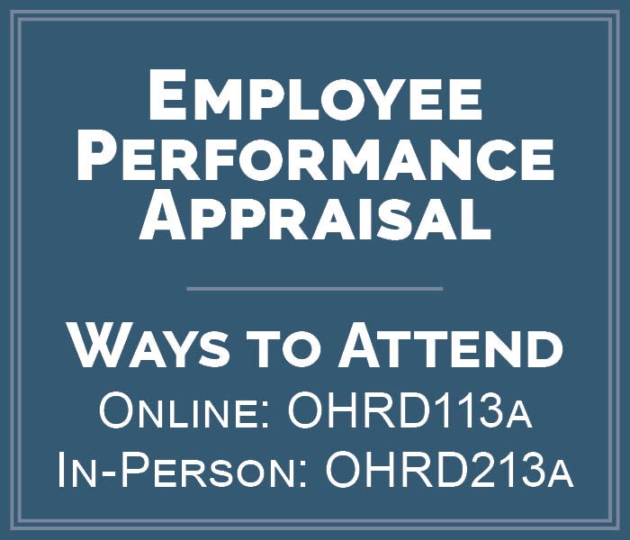 Blue box showing the class name of Employee Performance Appraisal. Online course ID is OHRD113a and In-Person is OHRD213a.