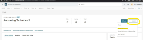 Screenshot of NEOGOV showing the dropdown menu under Actions