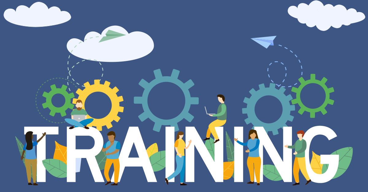 Gears surround people working amongst the word "training"