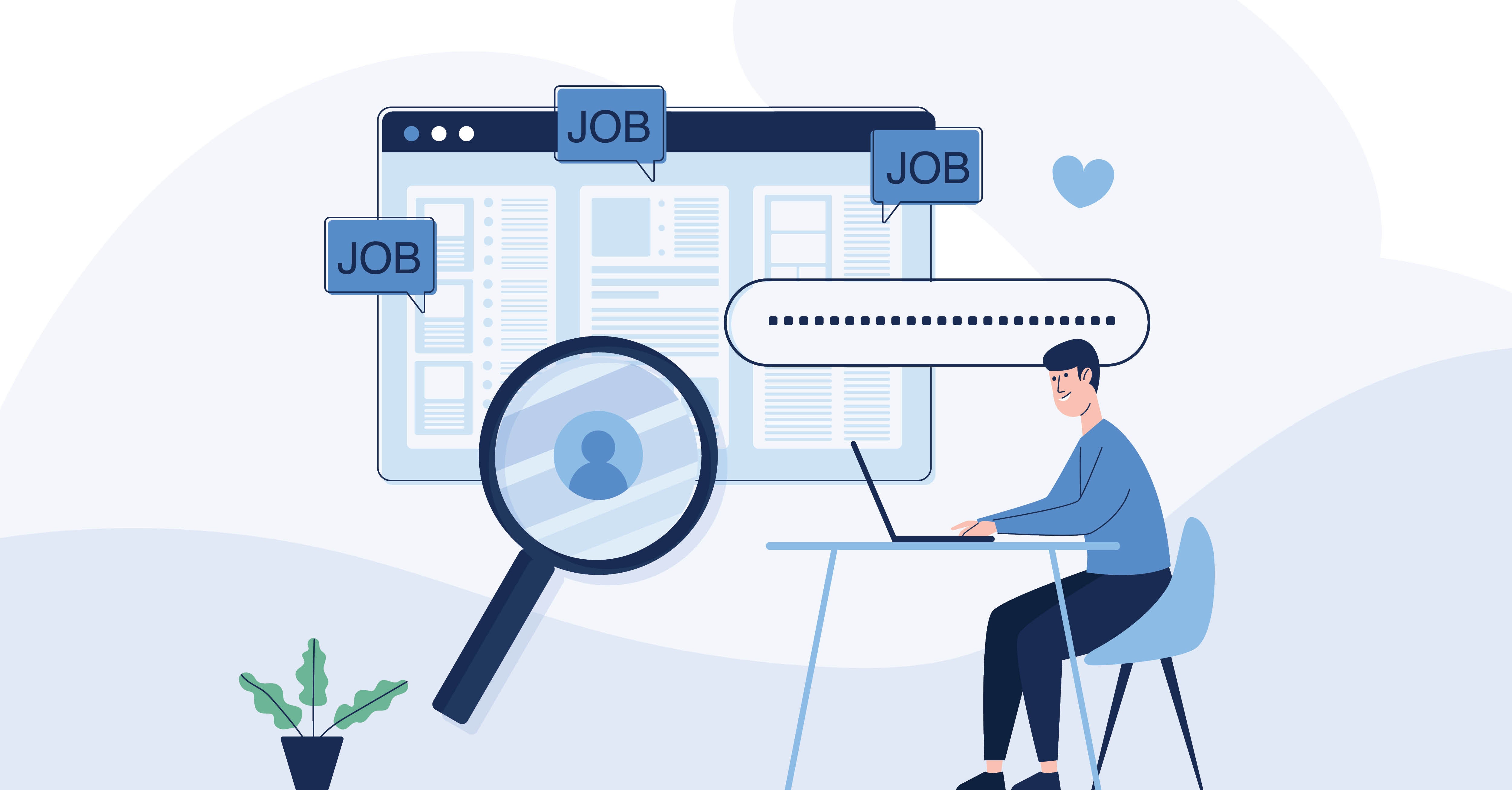 Cartoon man searching for a job on a computer